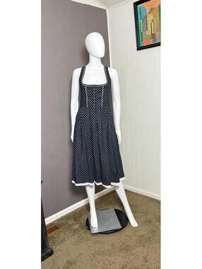1980's Black Calico Dirndl Dress from MarJo M/L Pewter Buttons Lace Prairie